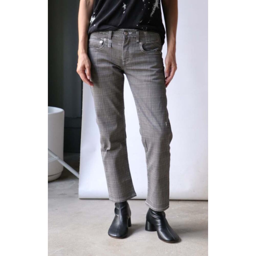 R13 Classic Boy Straight Low Rise Glen Plaid Jeans Black Cream 27 $495